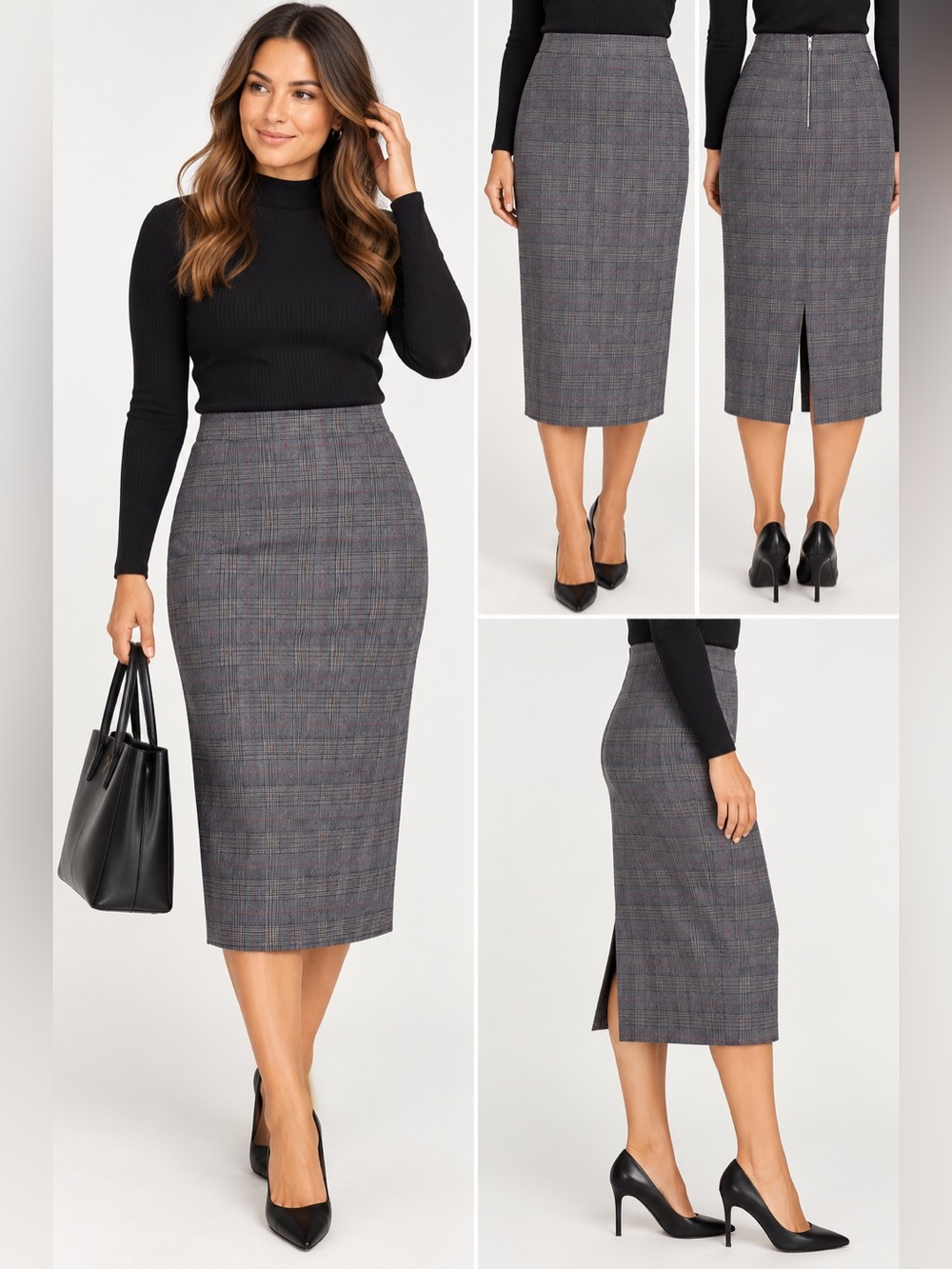 Zara Woman Plaid Midi Pencil Skirt Gray Red tan Size Medium M